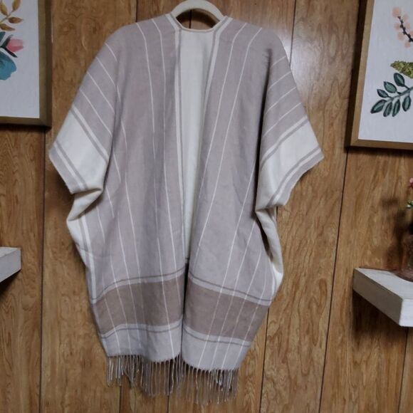 LOFT Oversized Neutral Striped Poncho with Fringe Hem Size XS/S - Picture 6 of 6